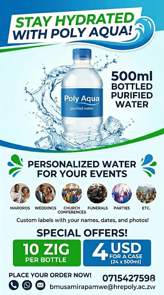 Poly Aqua Purified Water - 500ml Bottled, Custom labels, Special Offers 10 ZIG per bottle / 4 USD per case